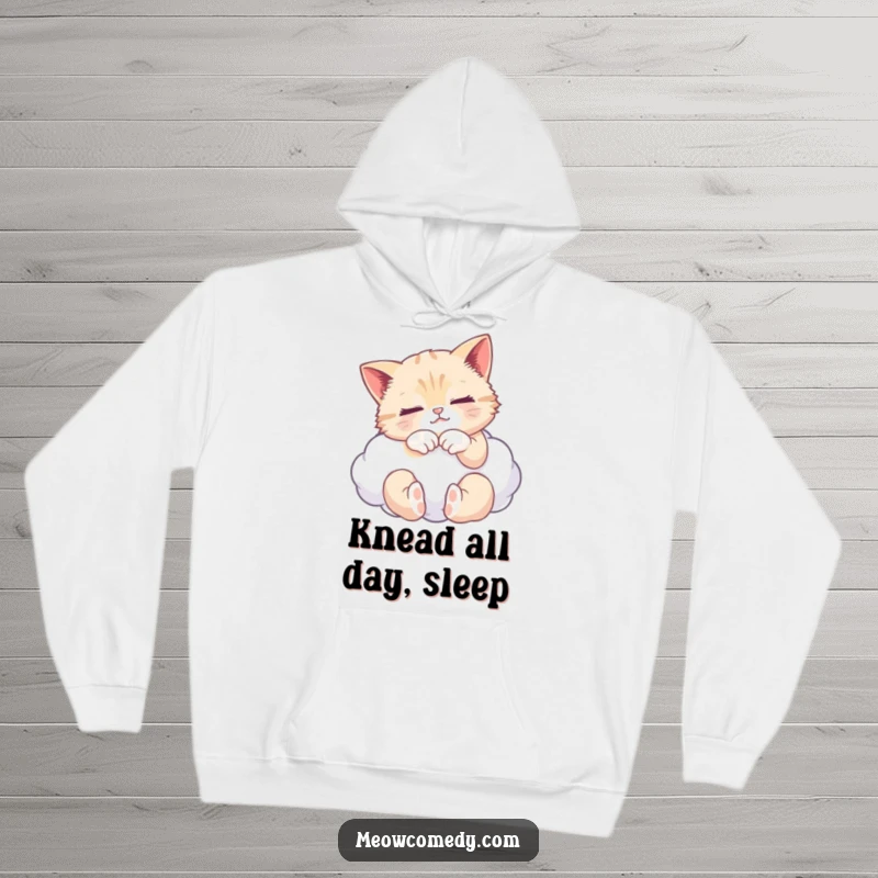 Funny hoodie showcasing a relaxed cat kneading a soft cloud, radiating peace and cozy vibes, an ideal funny gift.