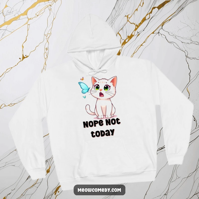 Funny surprised cat, wide startled eyes, following a dancing butterfly, depicted on a warm hoodie, perfect humorous gift.