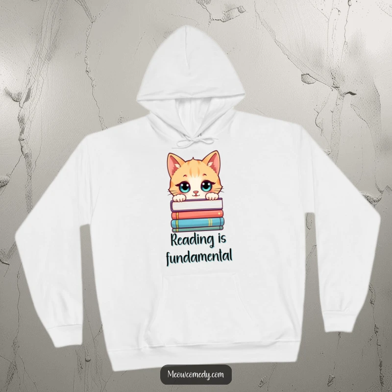 Funny Kawaii Cat Hoodie: A cute cat peeking over books, comfortable and humorous for readers.