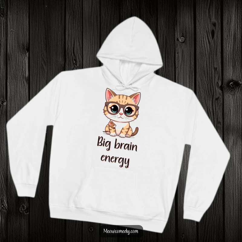 Funny kawaii cat wearing oversized spectacles, peering at a tiny mouse, making this a warm and humorous hoodie gift.