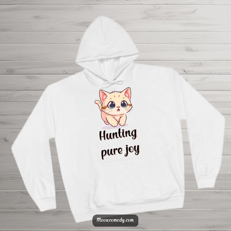 Funny Kawaii Cat Hoodie, illustrating a cat excitedly pursuing a laser dot, offering warmth and a playful, energetic vibe for cat enthusiasts.