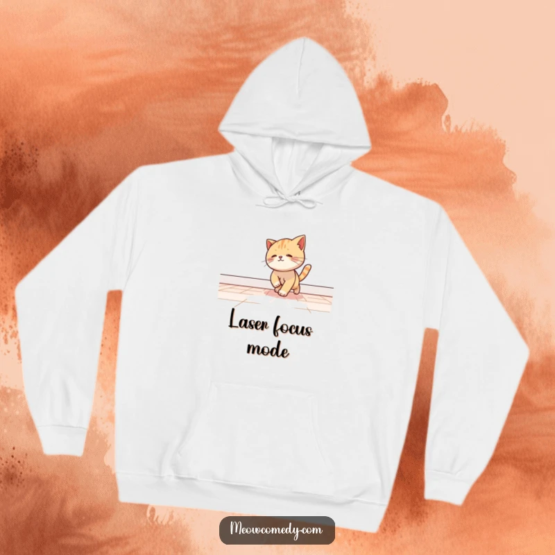 Funny kawaii cat playfully chasing a beam of light across a floor, featured on a warm and cozy hoodie.