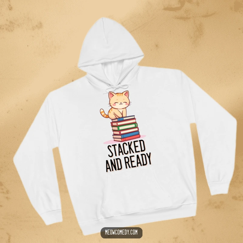 Funny kawaii cat struggling to balance on a precarious stack of books, depicted on a warm, comfortable hoodie.