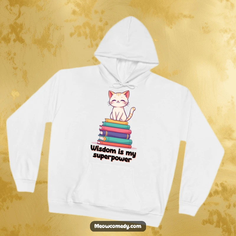 Funny hoodie featuring an elegantly balanced cat sitting atop a vibrant stack of books, symbolizing knowledge.