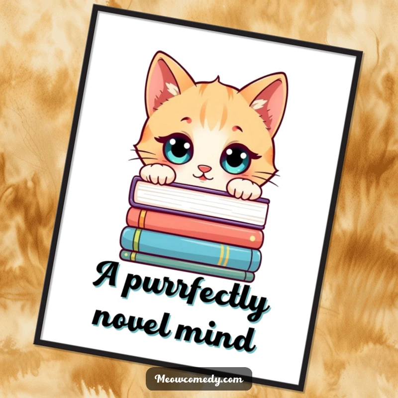 Funny Free Printable Wall Art: Kawaii cat with wide, curious eyes peeking over a tall stack of colorful books.