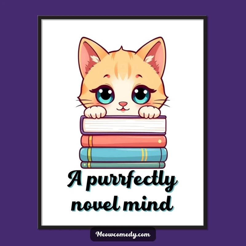 Funny Free Printable Wall Art: Curious Kawaii Cat Book Stack Downloadable Poster