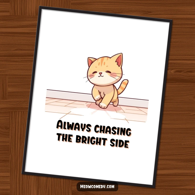 Funny Free Printable Wall Art: Kawaii Cat Playfully Chasing a Beam of Light Across a Floor.