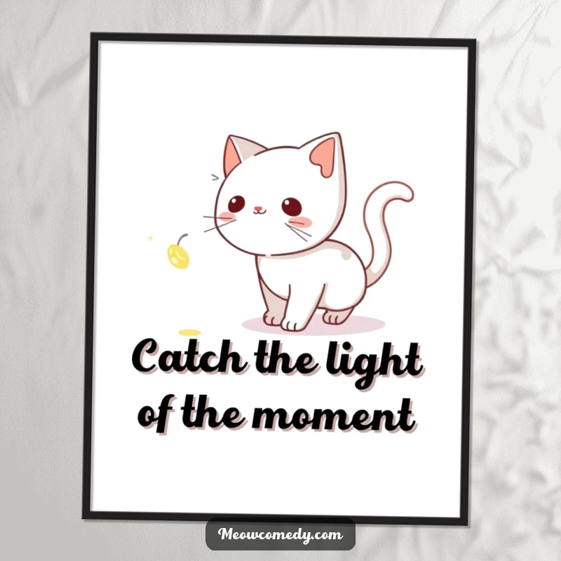 Funny Free Printable Wall Art: Curious cat tiptoes through the dark, captivated by a single, shimmering firefly's glow.