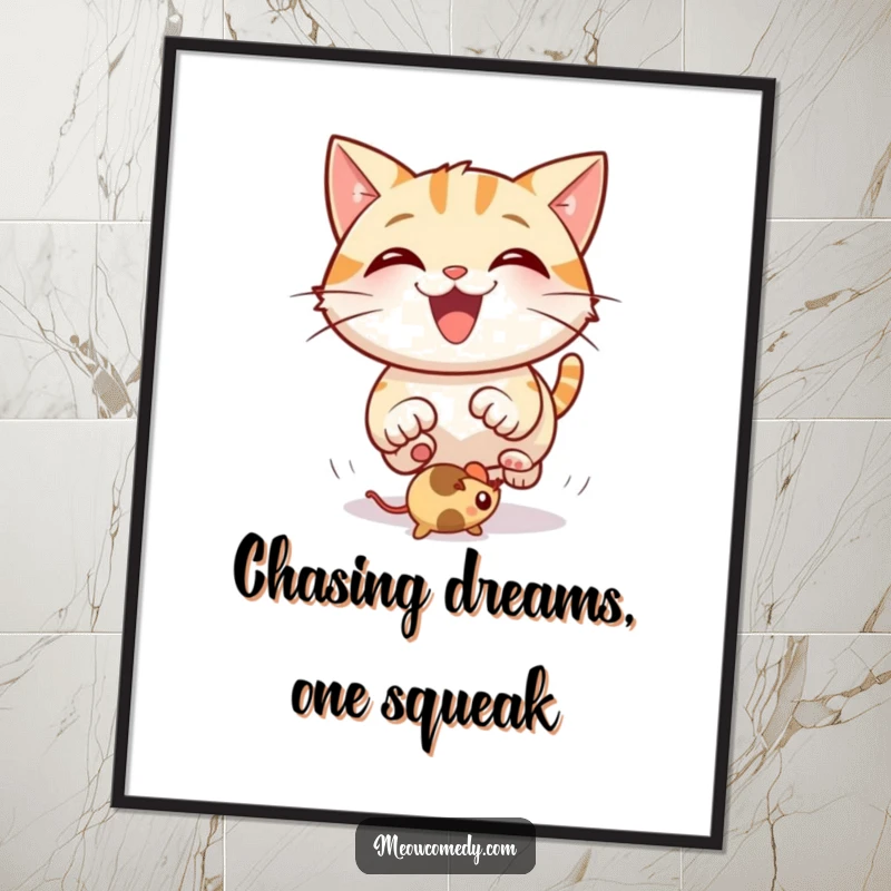 Funny Free Printable Wall Art capturing a happy cat with a wide grin chasing a bouncing mouse toy with pure joy.
