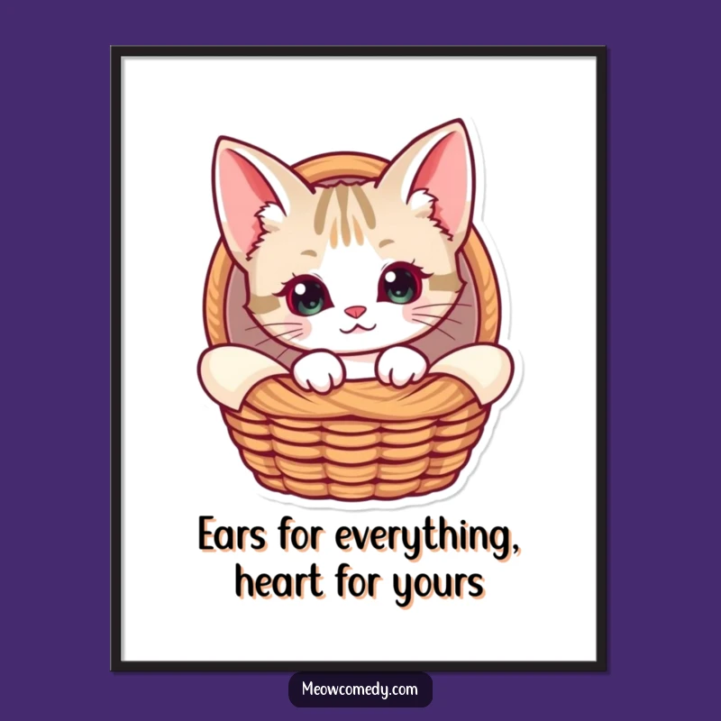 Free Printable Wall Art: Curious Kawaii Cat in Basket - Cozy Decor