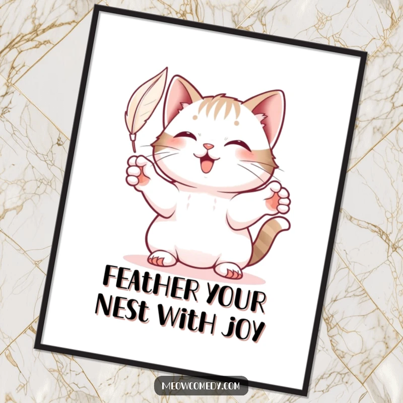 Funny Free Printable Wall Art of a playful cat with outstretched paws batting at a floating feather.