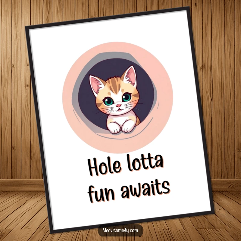 Funny Free Printable wall art of a mischievous cat peeking curiously from a perfectly round, brightly colored hole.