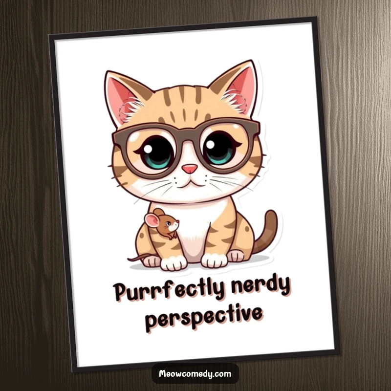 Funny Free Printable Wall Art: A kawaii cat wearing oversized spectacles peers intently at a tiny mouse friend, humorous downloadable decor.