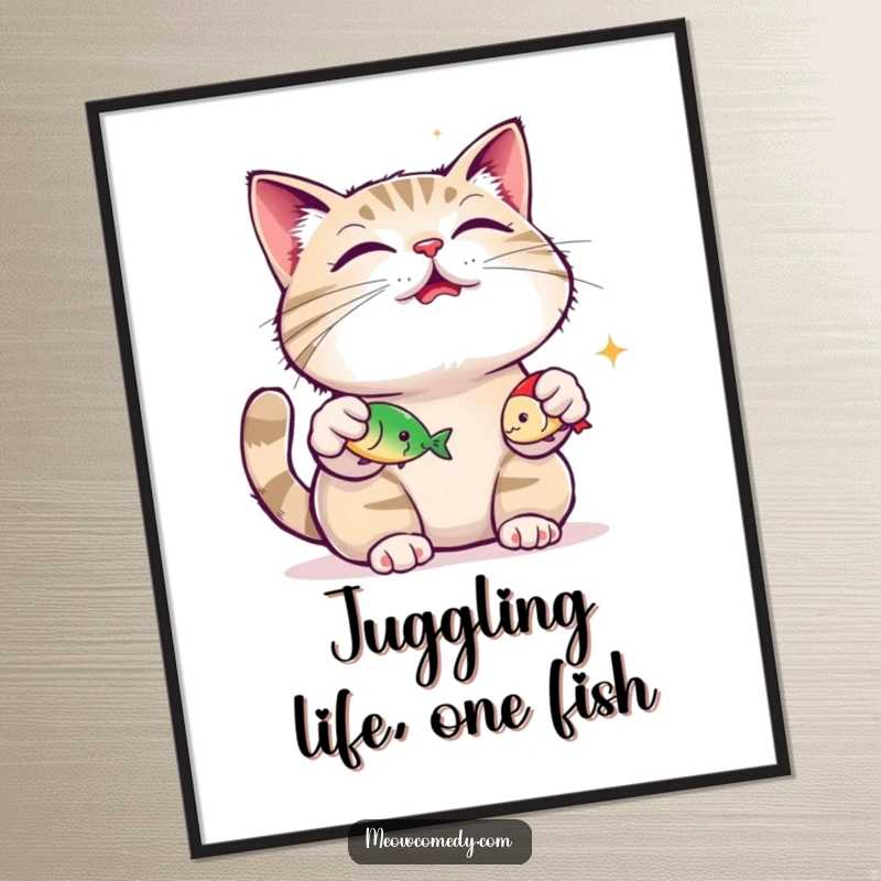 Funny Free Printable Wall Art: A happy cat contentedly juggles three fish toys with a peaceful expression.