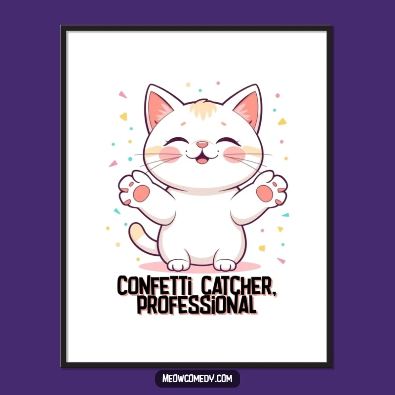 Funny Free Printable Wall Art: Kawaii Cat Catches Confetti - Downloadable Decor