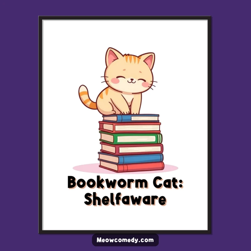 Funny Free Printable Wall Art: Kawaii Cat's Book Balancing Act - Downloadable Decor