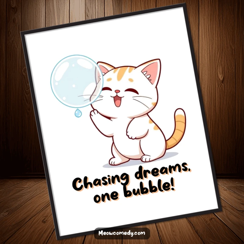 Funny Free Printable Wall Art: Kawaii cat playfully batting at a large, iridescent floating bubble, adorable.