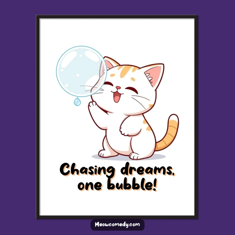 Funny Free Printable Wall Art: Playful Kawaii Cat Bubble Chase Downloadable Poster