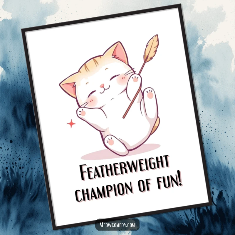 Funny Free Printable Wall Art: Kawaii cat tumbling playfully while batting at a fluffy feather toy, energetic.
