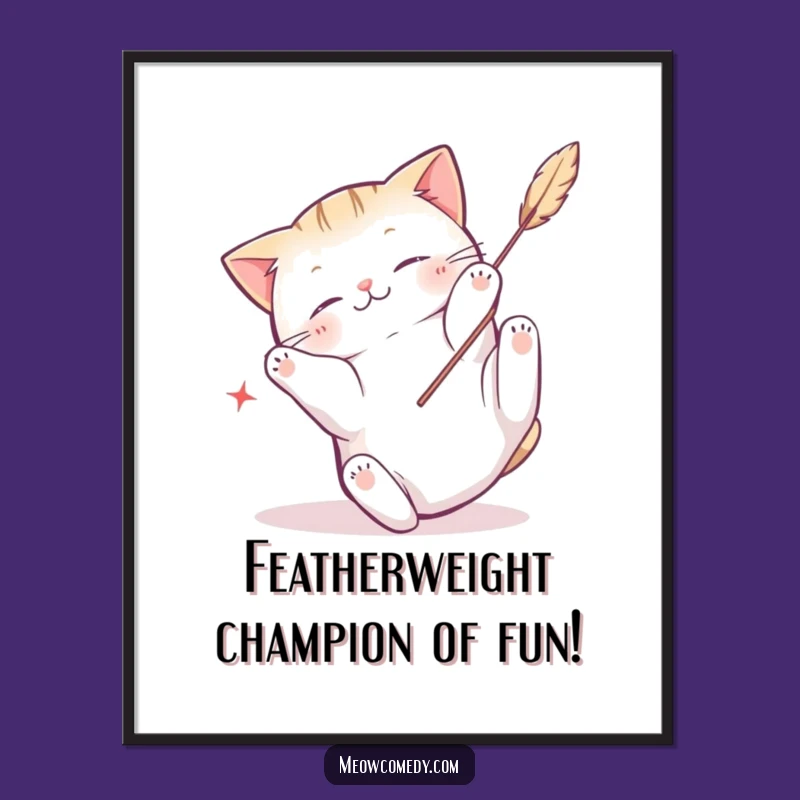 Funny Free Printable Wall Art: Playful Kawaii Cat Feather Toy Downloadable Poster