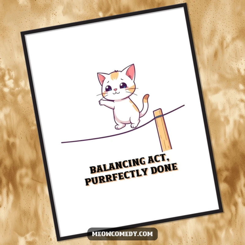 Funny Free Printable Wall Art: A cat wobbles on a fence tightrope, a hilarious downloadable art piece for cat lovers.