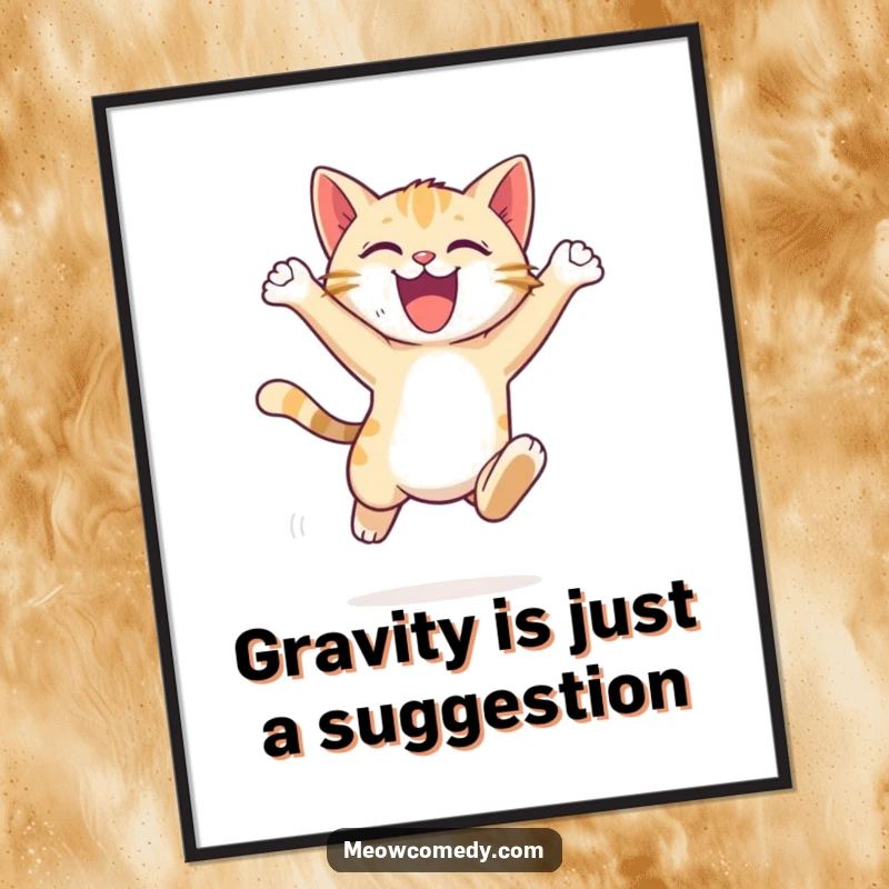 Funny Free Printable Wall Art: An energetic cat cub captured mid-graceful leap, radiating excitement and playful motion. Dynamic cat art.