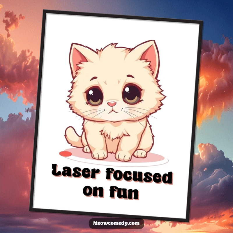 Funny Free Printable wall art of a small, fluffy cat with enormous round eyes fixated on a laser pointer dot.