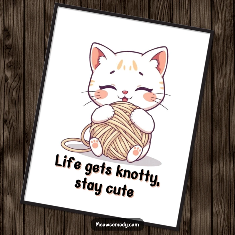 Funny Free Printable Wall Art: Kawaii cat looking completely comically tangled in a ball of yarn, humorous downloadable decor.