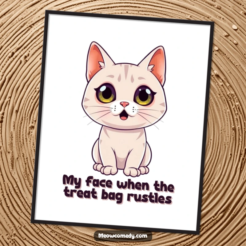 Funny free printable wall art of a sleek cat with extremely wide-open eyes, displaying a comically surprised expression.