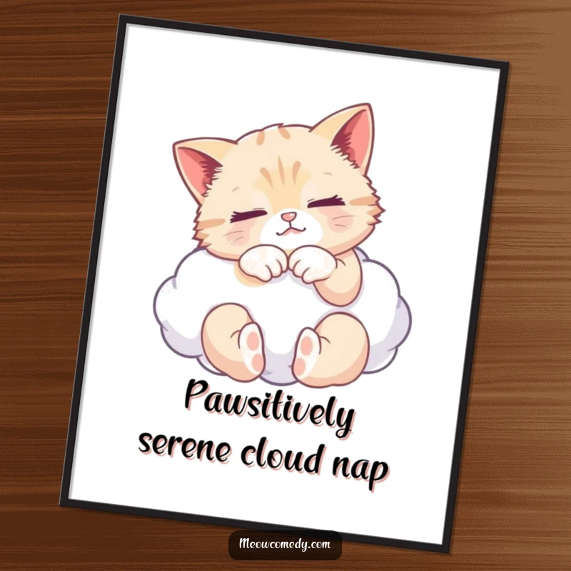 Funny Free Printable Wall Art: A cat with closed eyes kneading a fluffy cloud, evoking ultimate relaxation.