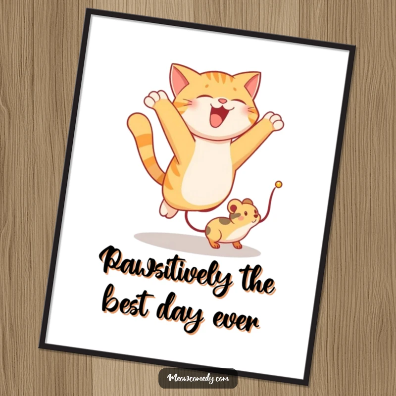 Funny Free Printable Wall Art: Playful Cat Leaping High in the Air, Eyes Fixed on a Bouncing Toy Mouse.