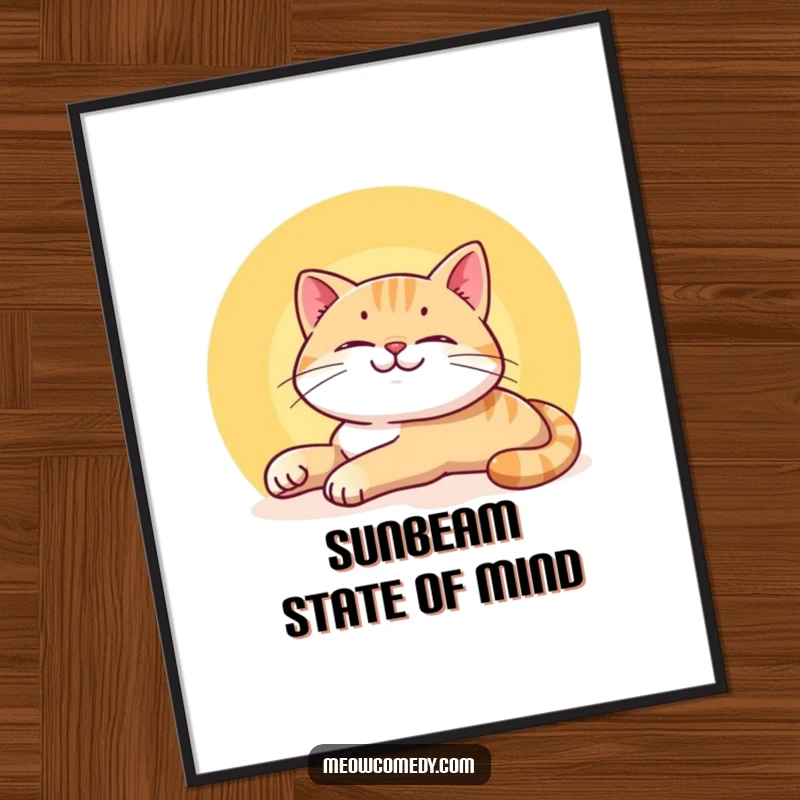Funny Free Printable Wall Art: A smiling cat enjoys a lazy stretch while bathing in a peaceful sunbeam.