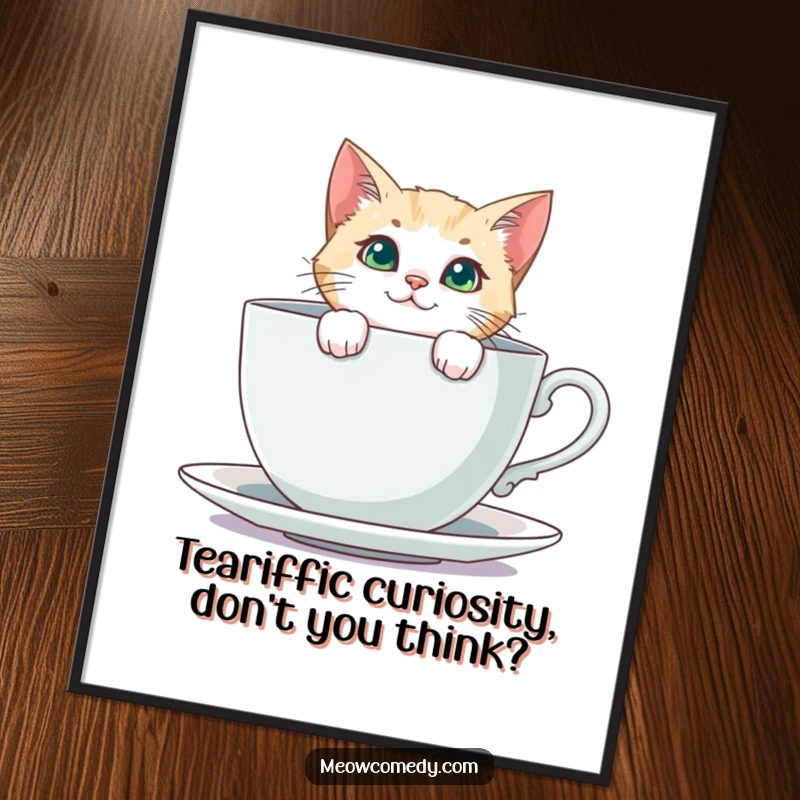 Funny free printable wall art of a curious cat peeking its head out from behind a giant, oversized teacup.