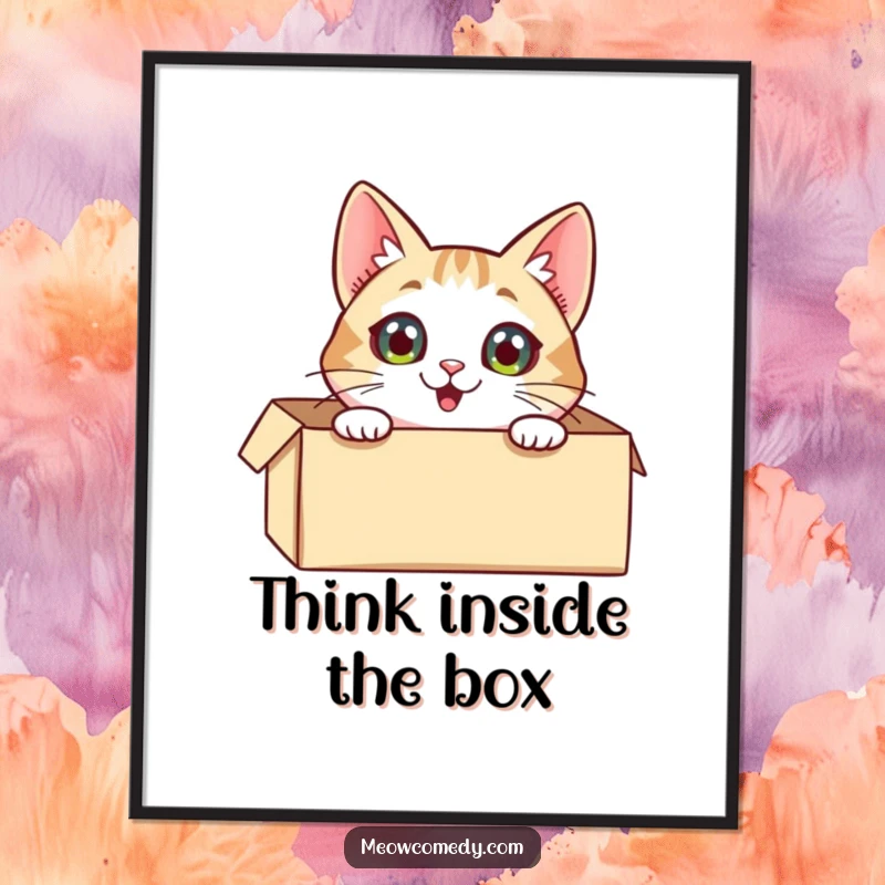 Funny Free Printable Wall Art: An excited cat with big eyes peeks out from a cardboard box, ready for adventure.