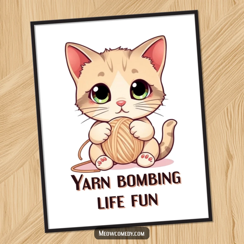 Funny Free Printable Wall Art: A cute cat with outsized eyes is engrossed in batting a colorful yarn ball.