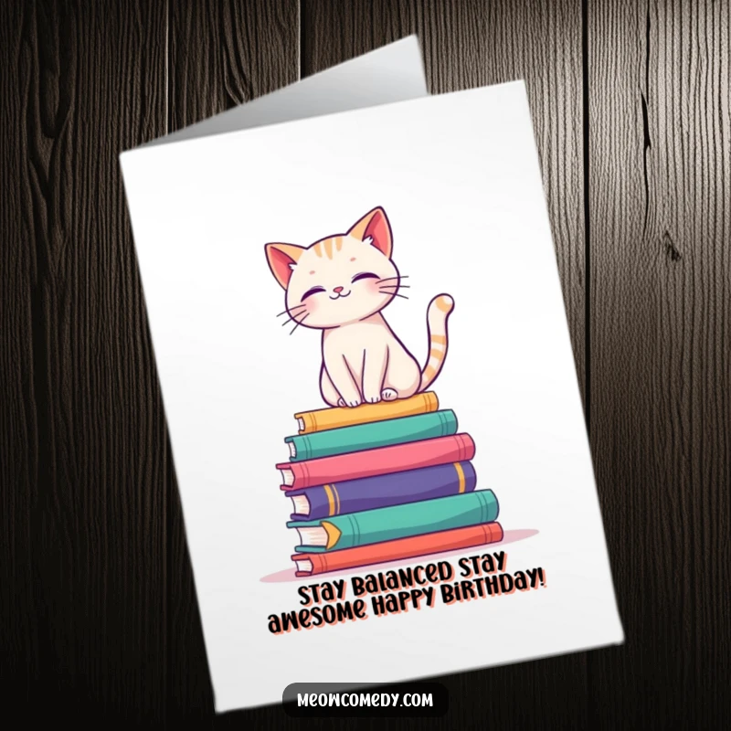 Funny Free Printable Birthday Card: A cat gracefully balances atop a stack of colorful books, embodying intellectual poise.