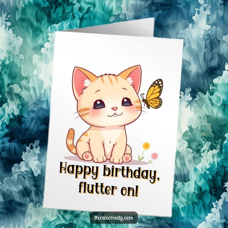 Funny Free Printable Birthday Card: A little cat with alert, perked ears intently watches a butterfly flutter by.