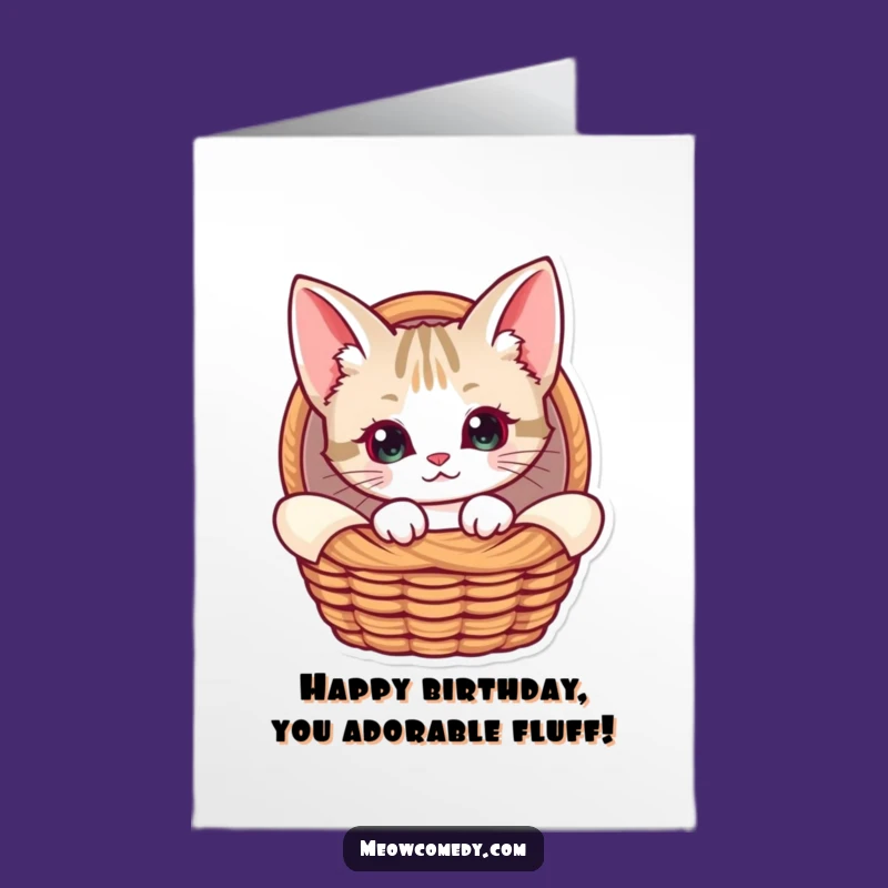 Free Printable Birthday Card: Curious Kawaii Cat in Basket - Sweet & Funny!