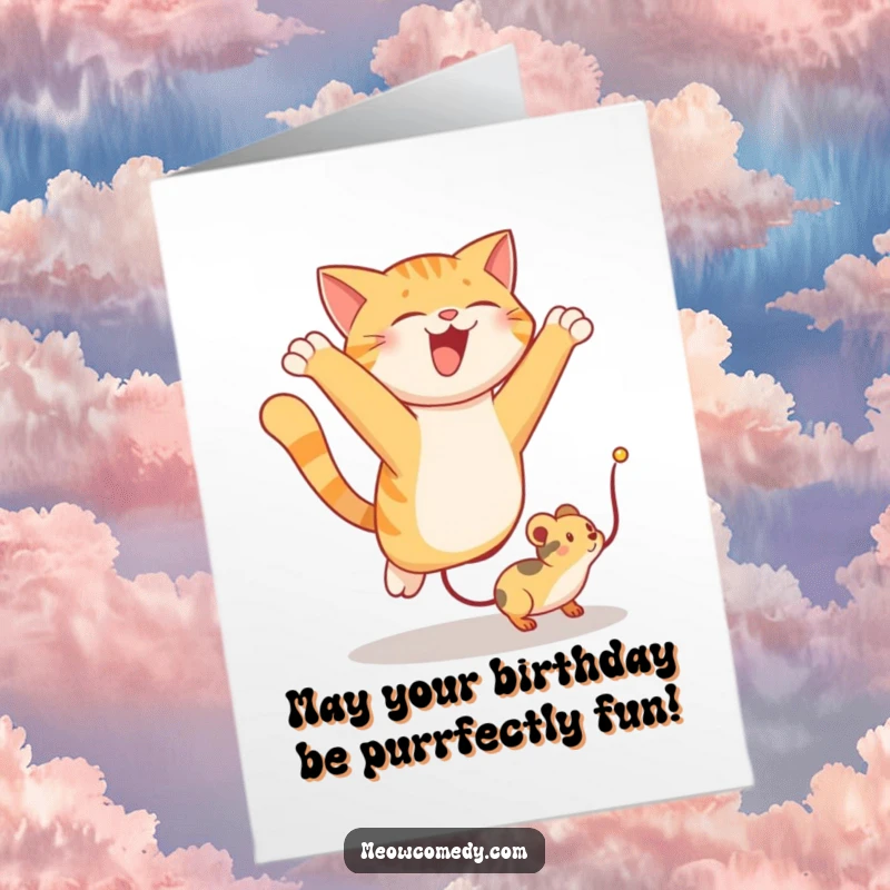 Funny Free Printable Birthday Card: Energetic Cat Leaping Sky-High to Catch a Bouncing Toy Mouse in Mid-Air.