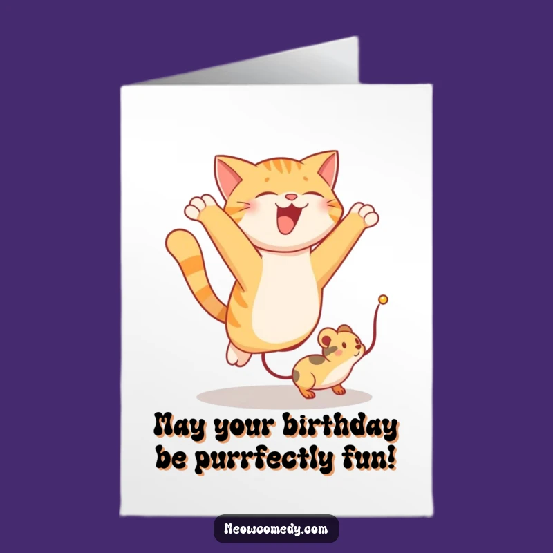 Free Printable Birthday Card: Funny Cat Leaping for Toy Mouse Joyful Downloadable Gift