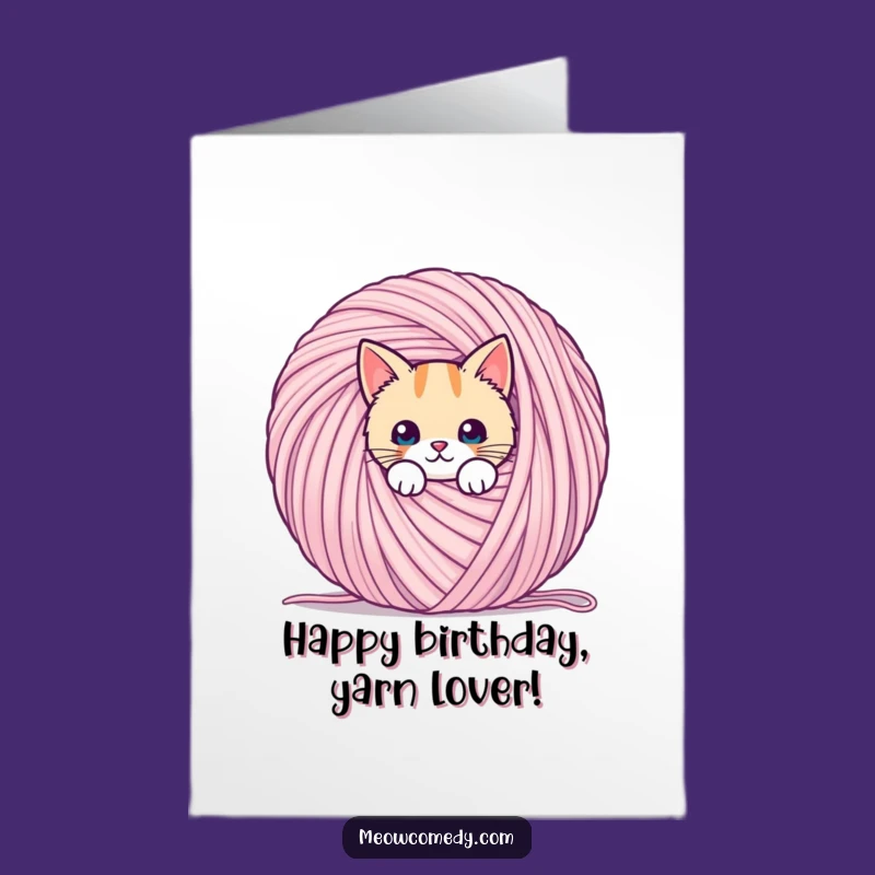 Free Printable Birthday Card: Funny Kawaii Cat Yarn - Playful Downloadable Gift