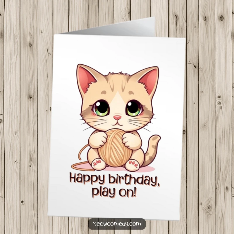 Funny Free Printable Birthday Card: A cute cat with enormous eyes playfully bats at a tangled yarn ball.