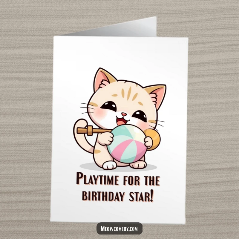 Funny Free Printable Birthday Card: A kawaii cat joyfully bats a colorful ball, a sweet downloadable gift.