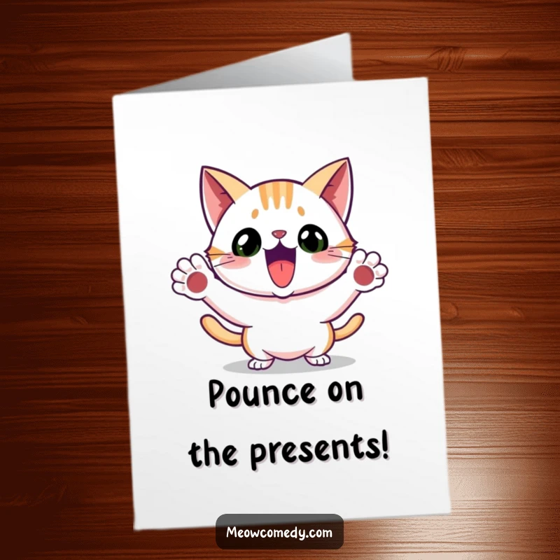 Funny Free Printable Birthday Card: An excited cat playfully pounces with paws outstretched, a hilarious downloadable gift.