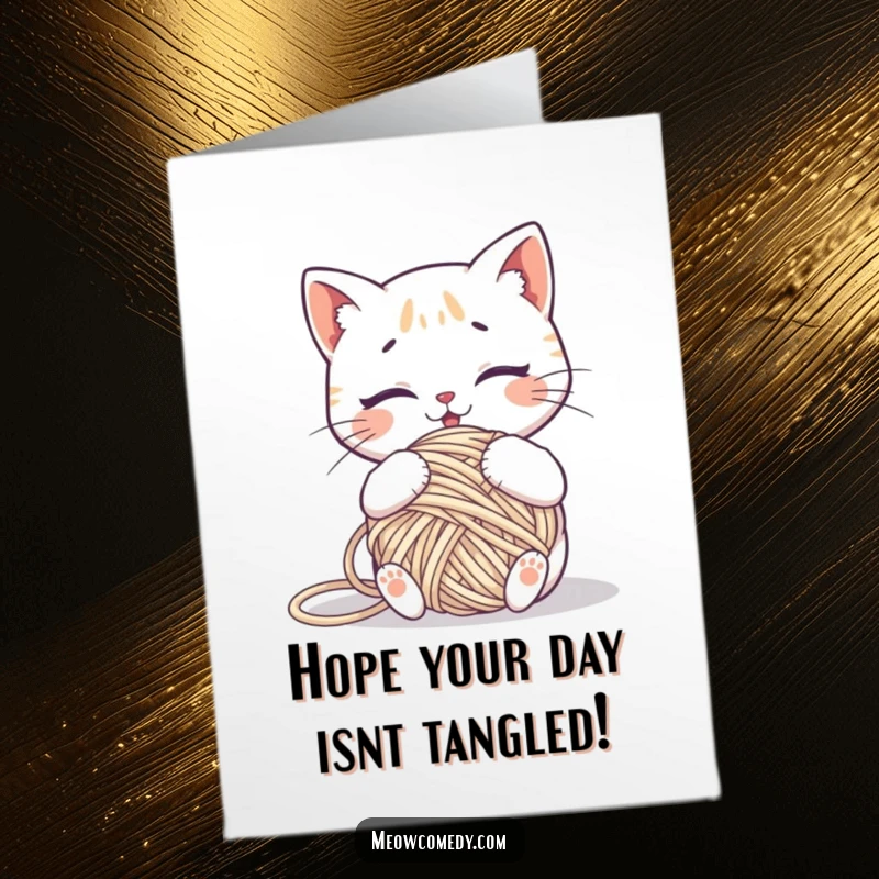 Funny Free Printable Birthday Card: Kawaii cat comically tangled in a ball of yarn, a humorous and relatable downloadable greeting.