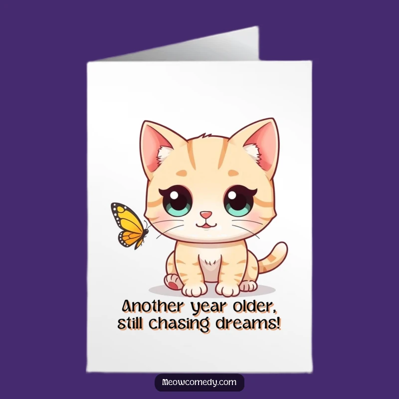 Free Printable Birthday Card: Wide-Eyed Cat Butterfly Chase - Funny Cat Downloadable