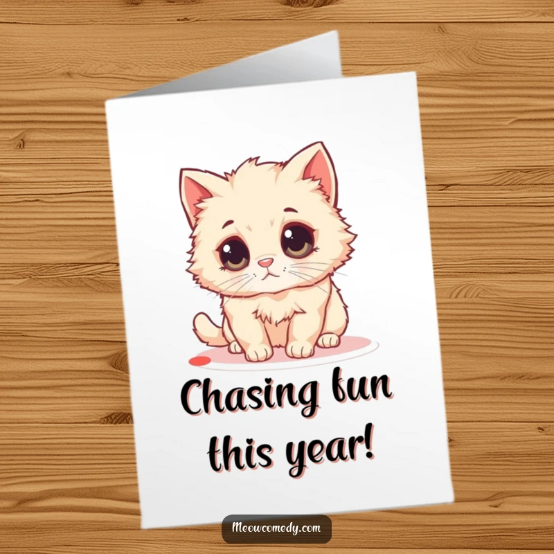 Funny Free Printable birthday card featuring a small fluffy cat with enormous round eyes chasing a laser pointer dot.