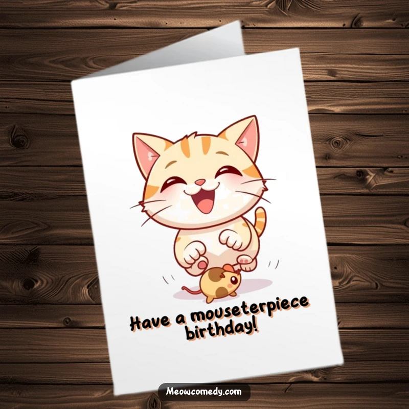 Funny Free Printable Birthday Card: a delighted cat gleefully chasing a bouncing mouse toy, spreading birthday cheer.