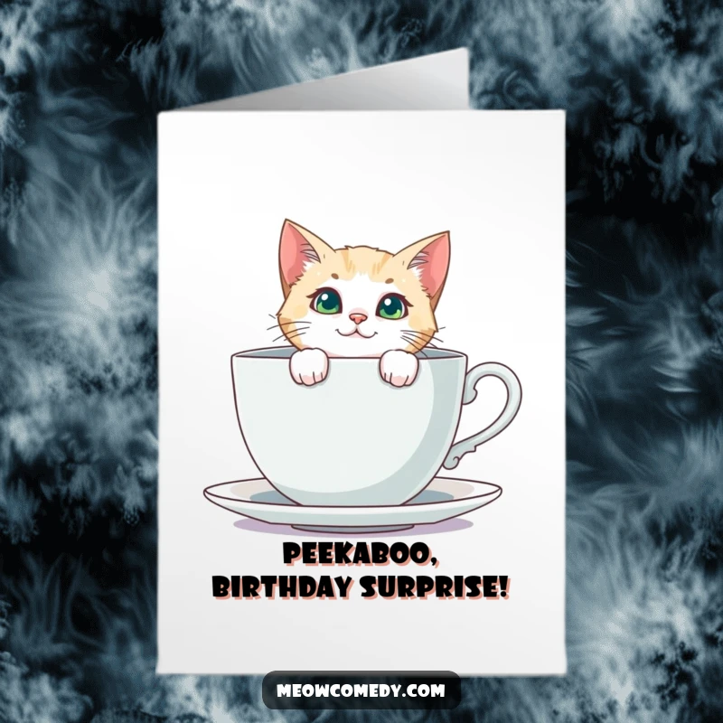 Funny free printable birthday card showing a curious cat peeking out from behind an oversized teacup.