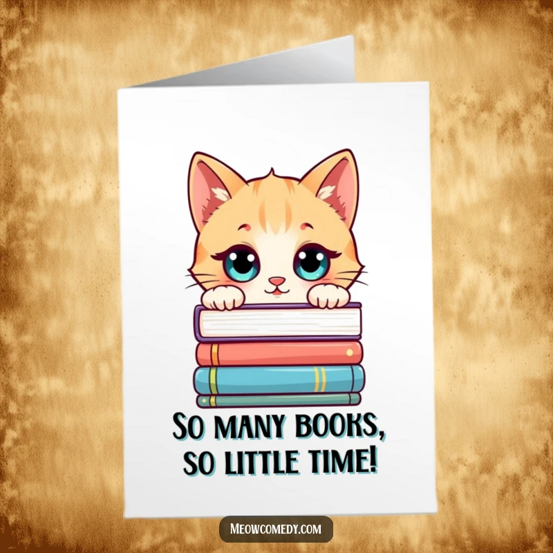 Funny Free Printable Birthday Card: Kawaii cat with wide eyes peeking over a tall stack of books, curious.